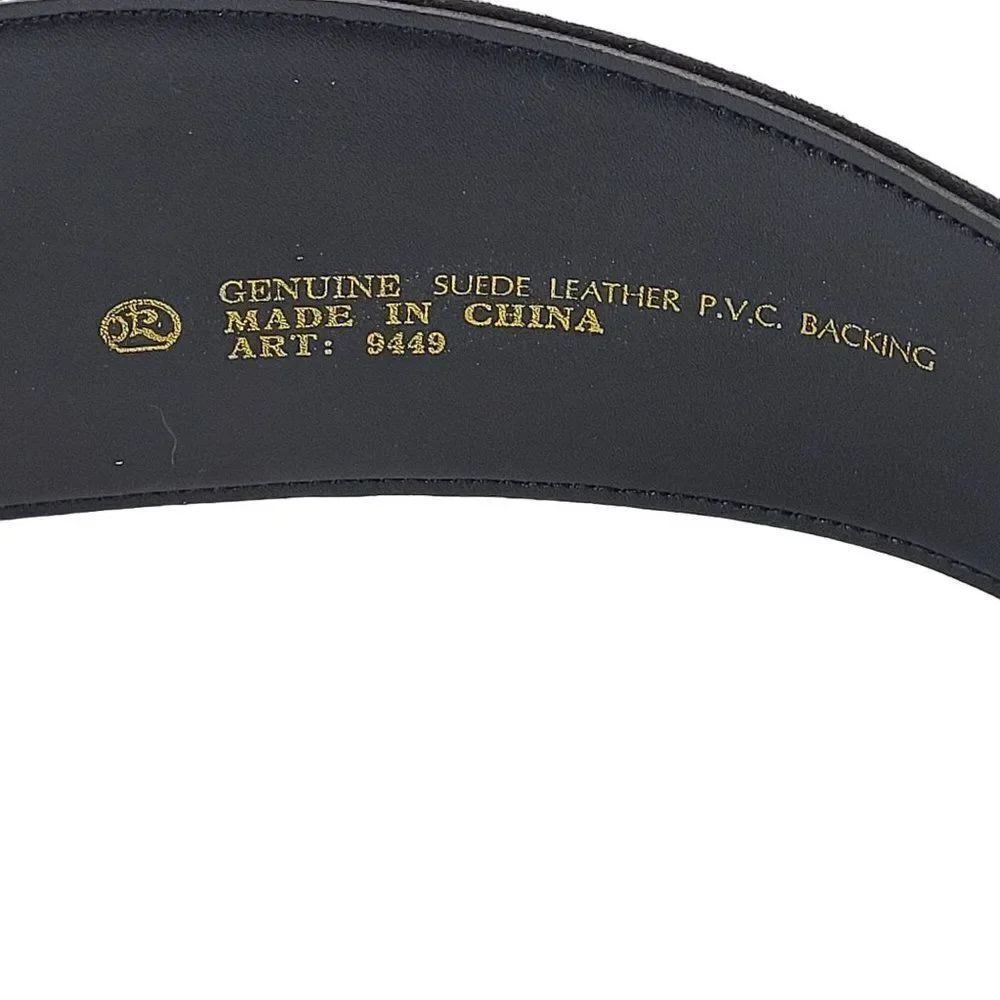 Vintage 80's Wide V Belt Black‎ Suede Ornate Gold Etched Hook Buckle Art to Wear